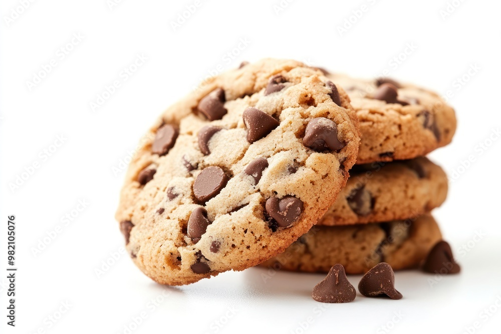 A stack of chocolate chip cookies with some chocolate chips scattered nearby. A stack of chocolate chip cookies with some chocolate chips scattered nearby.