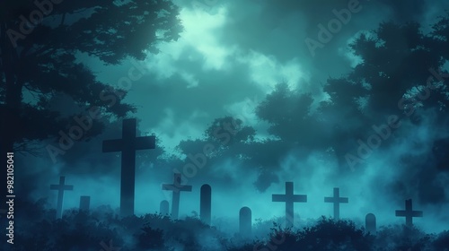 cemetery haunted anime theme for halloween, many cross