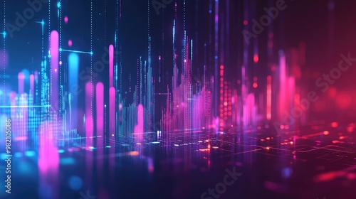 A vibrant digital landscape featuring glowing lines and waves in pink, blue, and purple that symbolize data transfer and technology. photo