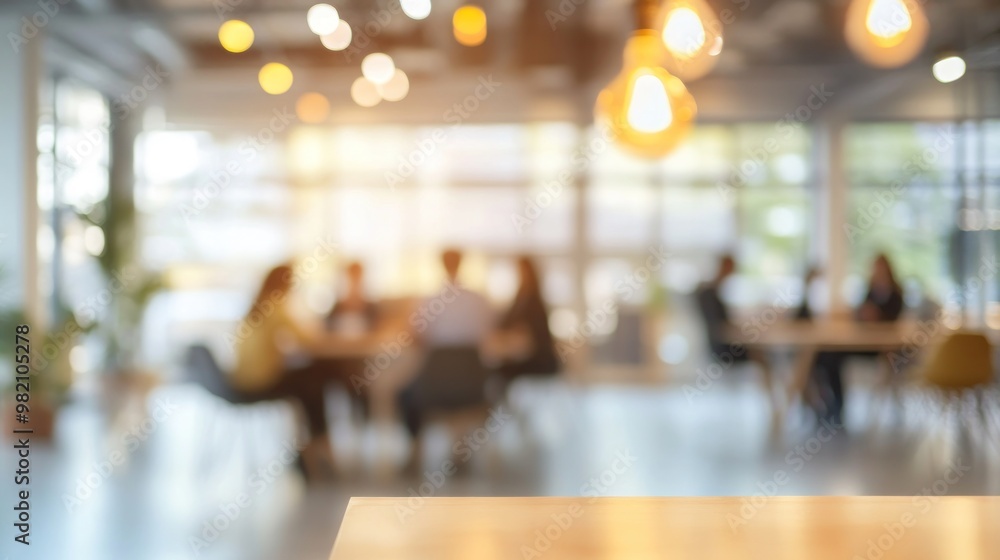 A blurred view of a modern workspace with people engaged in discussion around a table.