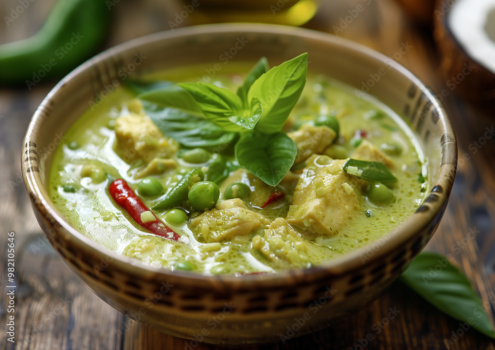 Green Thai curry soup with chicken, beans, and fresh basil Green Thai curry soup with chicken, beans, and fresh basil