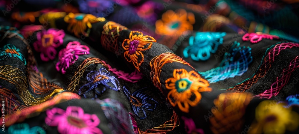 Obraz premium Vividly Embroidered Floral Tablecloth Celebrating Culture and Textile Art for Heritage Month
