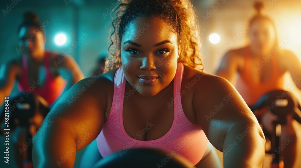 Fototapeta premium Determined Overweight Woman in Spin Class with Motivated Group, Sweating Under Gym Lights