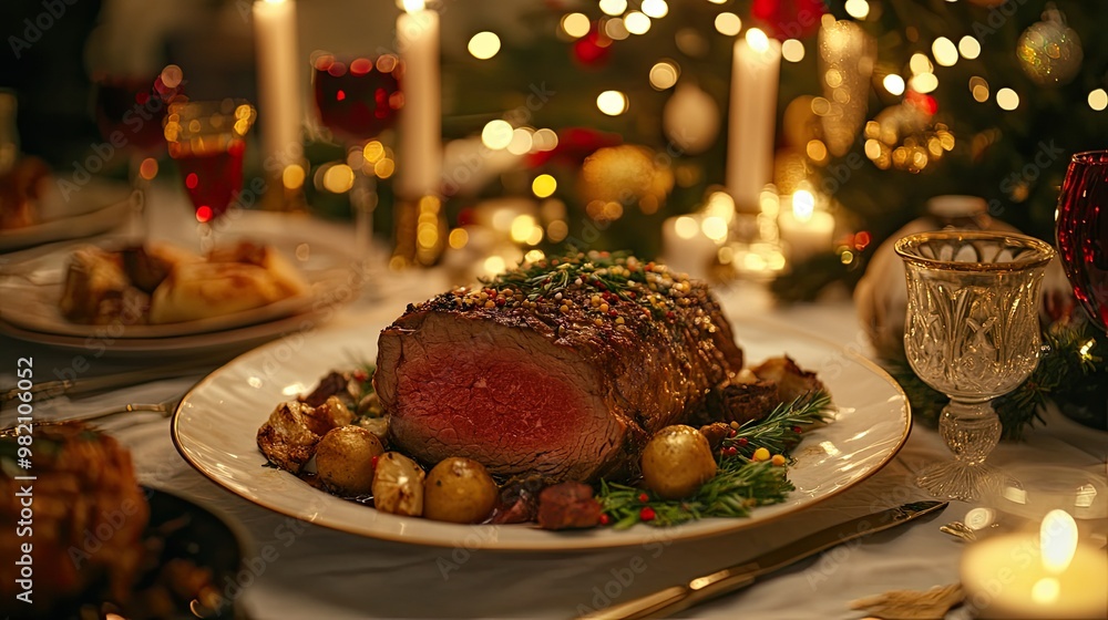 Christmas dinner featuring a perfectly cooked roast beef fillet, elegantly plated on a festive table with traditional holiday decor and candlelight. Christmas dinner featuring a perfectly cooked roast beef fillet, elegantly plated on a festive table with traditional holiday decor and candlelight.