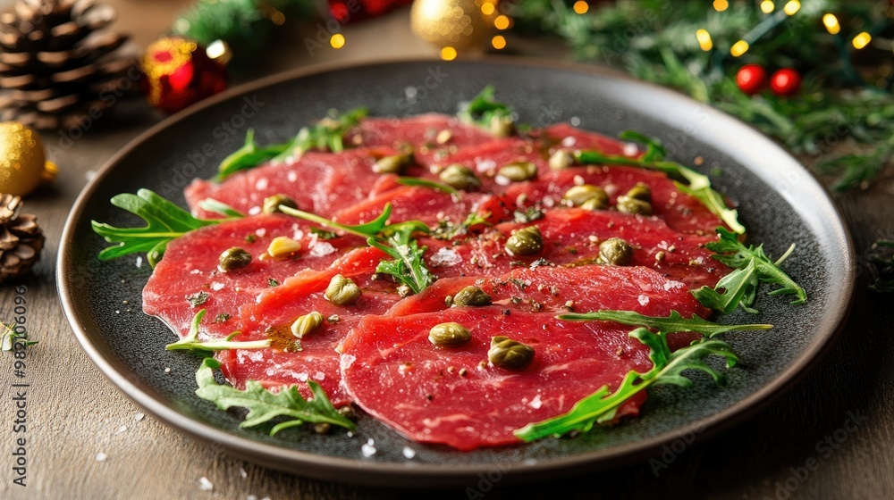Christmas-themed beef carpaccio arranged on a plate with holiday decorations, featuring thin beef slices, arugula, and capers for a festive presentation. Christmas-themed beef carpaccio arranged on a plate with holiday decorations, featuring thin beef slices, arugula, and capers for a festive presentation.