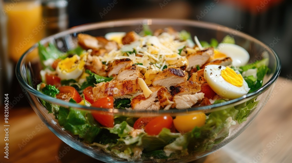 Close-up of a Caesar salad in a transparent glass bowl, packed with lettuce, juicy tomatoes, boiled egg, and grilled chicken, topped with croutons and cheese. Close-up of a Caesar salad in a transparent glass bowl, packed with lettuce, juicy tomatoes, boiled egg, and grilled chicken, topped with croutons and cheese.