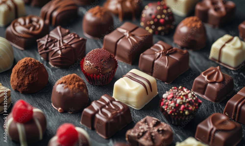 A tempting selection of artisanal chocolate pralines in various designs, perfect for gifting or indulgence. Free copy space for text. A tempting selection of artisanal chocolate pralines in various designs, perfect for gifting or indulgence. Free copy space for text.