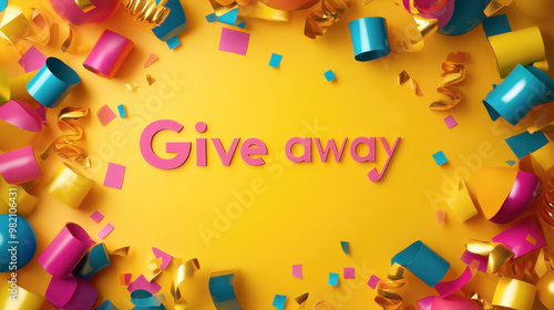 The sign Give away in bold pink letters, set against a vibrant yellow background. Surrounding the text are colorful confetti, ribbons, and streamers, giving a festive and celebratory feel.
