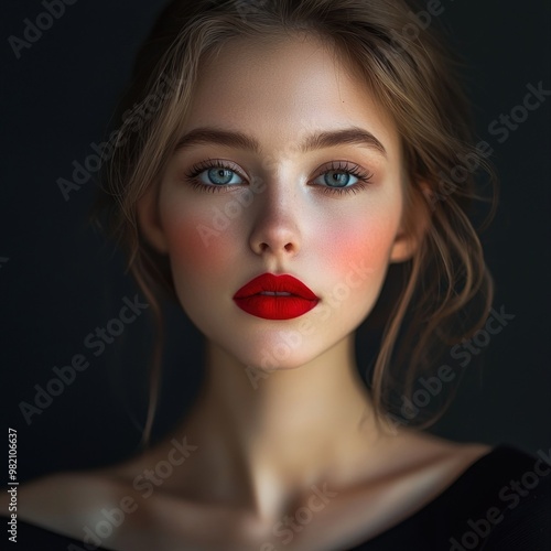 Captivating Portrait of a Stunning Young Woman with Bold Red Lips and Alluring Gaze