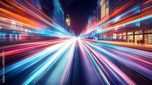 Abstract City Street with Blurry Light Trails at Night, Creating a Dynamic and Energetic Atmosphere