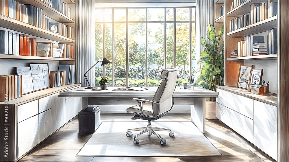 A modern home office setup sketch featuring a sleek desk with an ergonomic chair, bookshelves, and a large window allowing soft natural light to flood the room. Clean lines, minimalist decor, A modern home office setup sketch featuring a sleek desk with an ergonomic chair, bookshelves, and a large window allowing soft natural light to flood the room. Clean lines, minimalist decor,