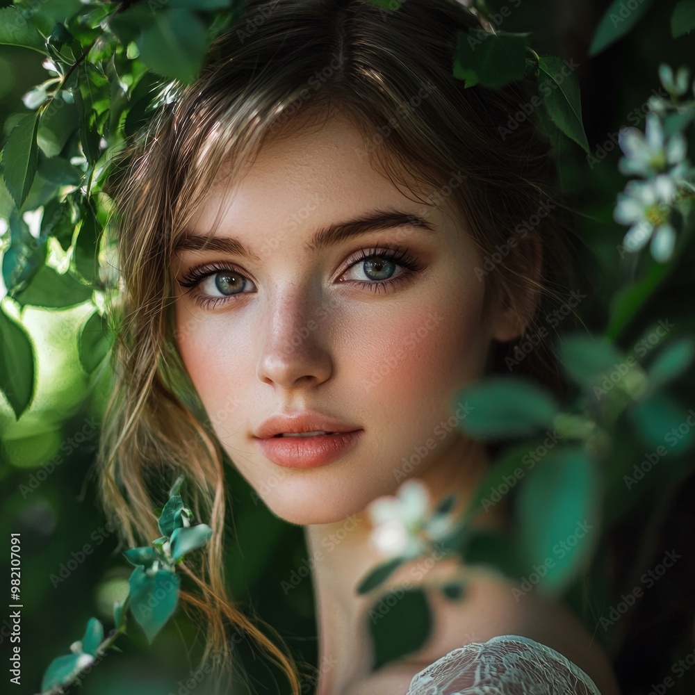 Captivating Portrait of a Young Woman Surrounded by Lush Greenery in a Natural Setting Captivating Portrait of a Young Woman Surrounded by Lush Greenery in a Natural Setting
