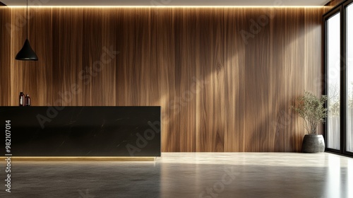 Modern minimalist reception area with sleek black counter, wooden wall paneling, potted plant, and large window letting in natural sunlight. photo