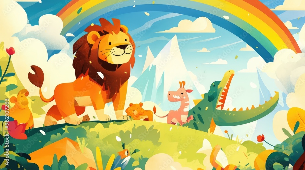 Fototapeta premium Vector illustration of adorable children s animals including a lion zebra and crocodile set against a colorful rainbow and mountain backdrop Ideal for tropical themed children s room decor