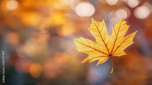 Close-up of a single yellow autumn leaf with bright orange trees in the background, set against a blurred bokeh backdrop, capturing the golden hues of fall in soft sunlight.