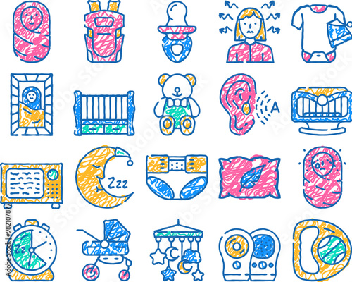 newborn baby sleep accessories doodle icons set vector. sketch line art baby sleep in crib or rocking bed on soft pillow with teddy bear toy, pampers and sling, clothes stroller color illustrations