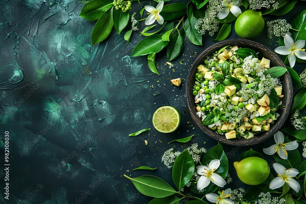 Green Vegetarian Salad With Apple, Avocado, Cucumber, Nuts And Flowers. Healthy Food. Top View. Green Vegetarian Salad With Apple, Avocado, Cucumber, Nuts And Flowers. Healthy Food. Top View.