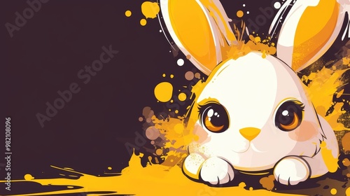 Cartoon bunny illustration on a black background with splashes Vector design featuring space for custom text photo