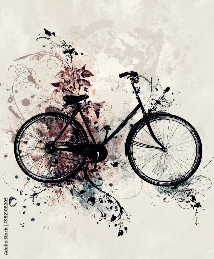 Obraz premium A stylized bicycle surrounded by artistic floral elements.