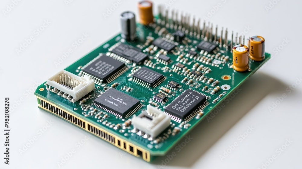 Close-up of an electronic board for servos, featuring connectors and microchips, displayed on a white isolated background with clean details. Close-up of an electronic board for servos, featuring connectors and microchips, displayed on a white isolated background with clean details.