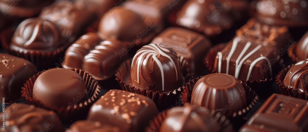 A tempting selection of artisanal chocolate pralines in various designs, perfect for gifting or indulgence. Free copy space for text. A tempting selection of artisanal chocolate pralines in various designs, perfect for gifting or indulgence. Free copy space for text.