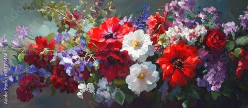 Painting of vibrant red white and purple floral arrangements from a garden scene