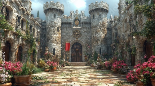 Bild auf Leinwand A picturesque medieval castle courtyard adorned with flowers.