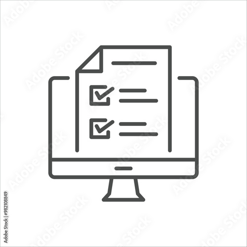 Desktop computer with digital questionnaire flat line icon. vector