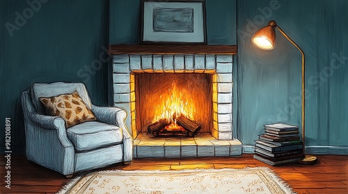 A sketch of a small living area with a fireplace, a comfy armchair, and a floor lamp, creating a warm, intimate atmosphere. The flickering firelight illuminates the cozy space,