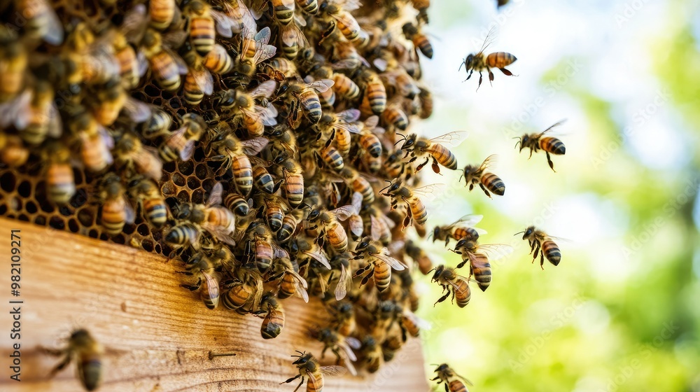 Close-up of swarming bees at the entrance of a beehive, flying in the bright spring air, capturing the lively activity of a heavily populated hive. Close-up of swarming bees at the entrance of a beehive, flying in the bright spring air, capturing the lively activity of a heavily populated hive.