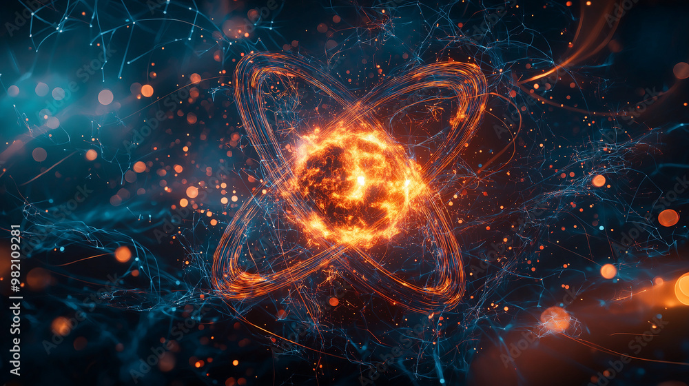 Fototapeta premium Energy splitting in a nuclear fission process, atomic particles breaking apart, releasing energy in waves 