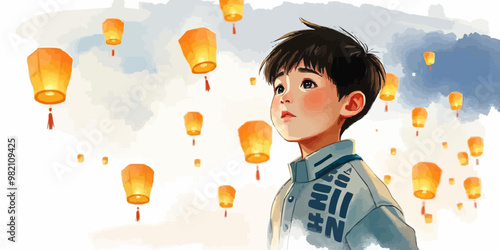 Landscape A young boy and girl  with glowing sky lanterns floating in the sky digital vector illustration. cartoon illustration.