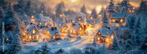 Winter Wonderland Village: A breathtakingly beautiful winter village scene with snow-covered houses, twinkling lights, and a magical sunset, evoking warmth, joy, and the spirit of the holidays. 