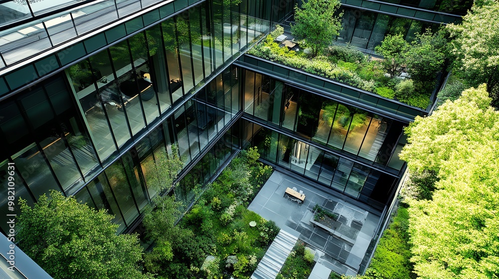 An aerial view of a modern building with a green courtyard. An aerial view of a modern building with a green courtyard.