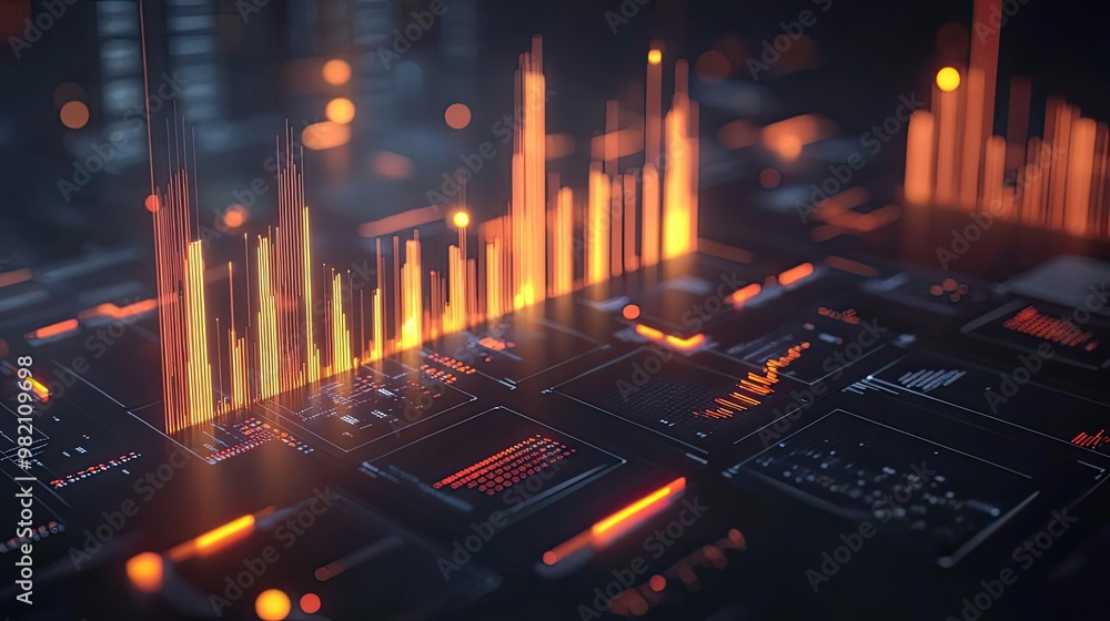 Abstract data visualization with glowing orange bars, representing technology, metrics, and digital analysis in a modern interface. Abstract data visualization with glowing orange bars, representing technology, metrics, and digital analysis in a modern interface.