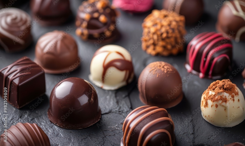 A tempting selection of artisanal chocolate pralines in various designs, perfect for gifting or indulgence. Free copy space for text. A tempting selection of artisanal chocolate pralines in various designs, perfect for gifting or indulgence. Free copy space for text.