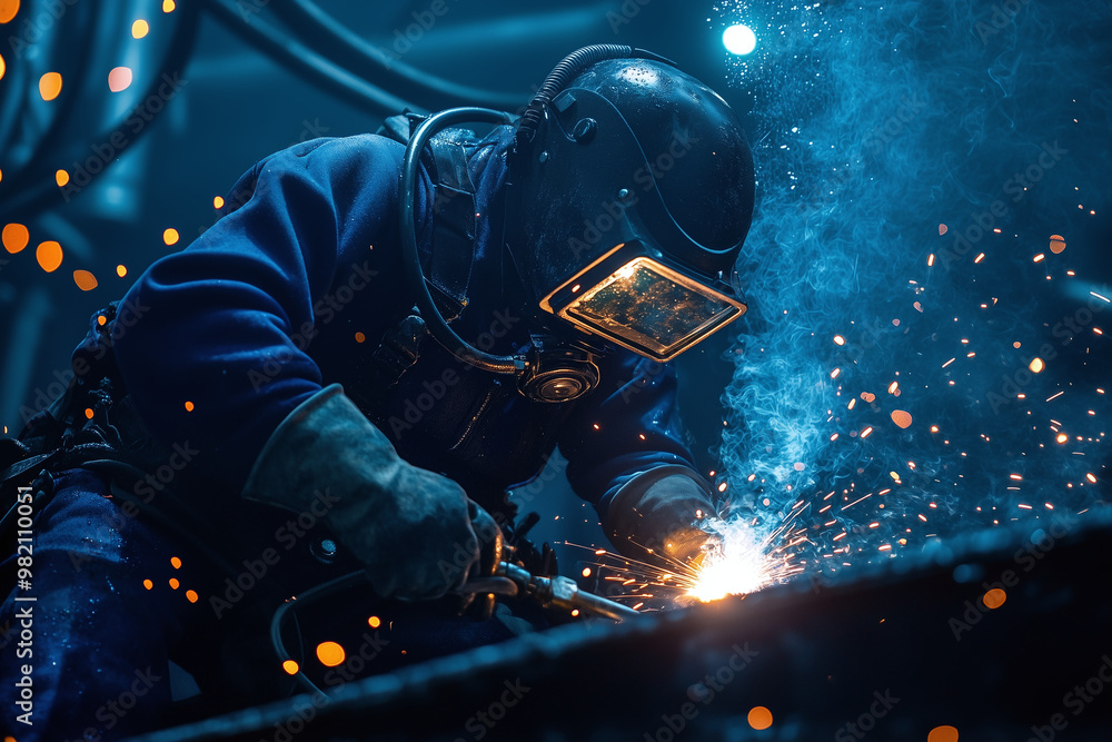 Underwater Welder Repairing Metal Structure with Torch and Sparks in Deep Sea Underwater Welder Repairing Metal Structure with Torch and Sparks in Deep Sea