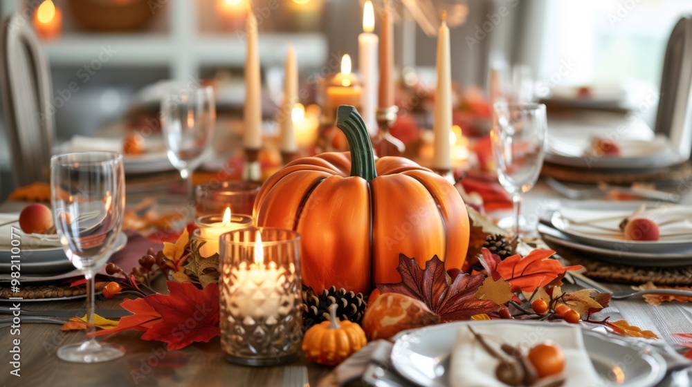 Autumn Table Setting with Pumpkin Centerpiece and Candles Autumn Table Setting with Pumpkin Centerpiece and Candles
