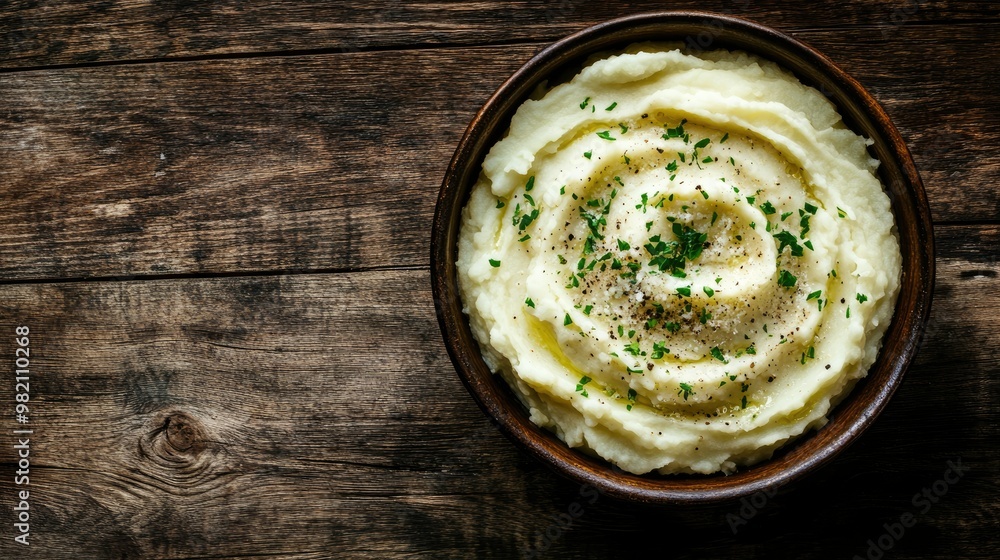 Creamy mashed potatoes with parmesan, captured on a rustic wooden table, photographed from above. The open space around the dish allows for text or graphics Creamy mashed potatoes with parmesan, captured on a rustic wooden table, photographed from above. The open space around the dish allows for text or graphics