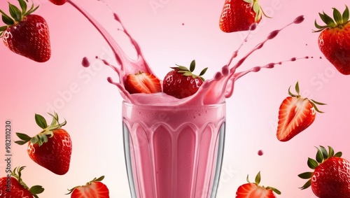 Fresh strawberries splashed in strawberry flavor on a pink background. photo