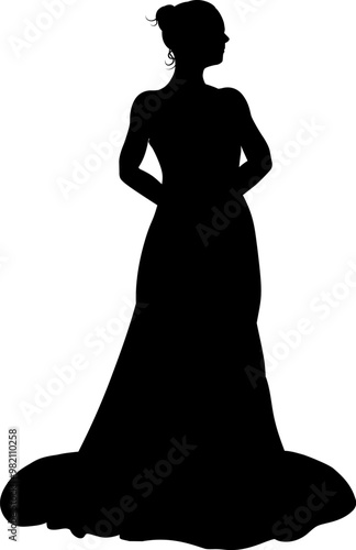 A woman bride in a bridal wedding dress in a silhouette