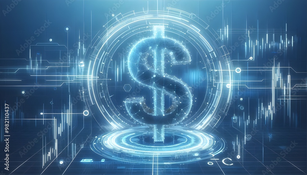 Digital hologram of a dollar sign with blue lines and data points on a white background. Concept of virtual financial transactions. 3D Rendering Digital hologram of a dollar sign with blue lines and data points on a white background. Concept of virtual financial transactions. 3D Rendering