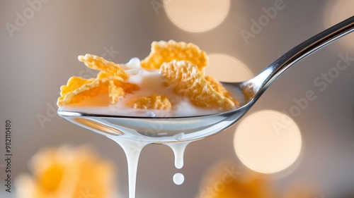 A spoonful of cereal with milk photo