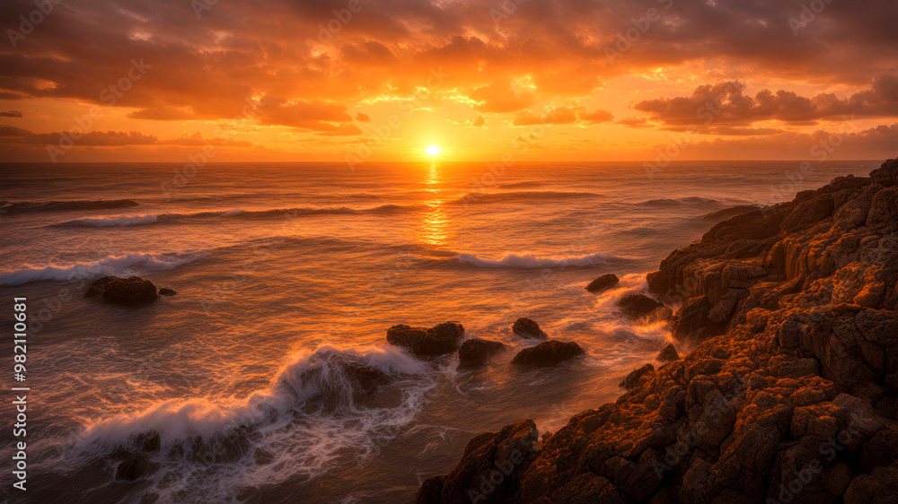 Obraz premium Beautiful sunset over the ocean, reflecting orange hues on the sandy beach as waves gently lap against the shore