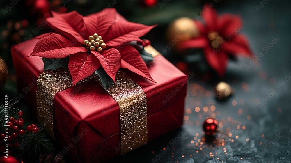 luxury dark red Christmas present with a golden ribbon, decorated with three brown poinsettias on a dark red background for Christmas
luxury dark red Christmas present with a golden ribbon, decorated with three brown poinsettias on a dark red background for Christmas