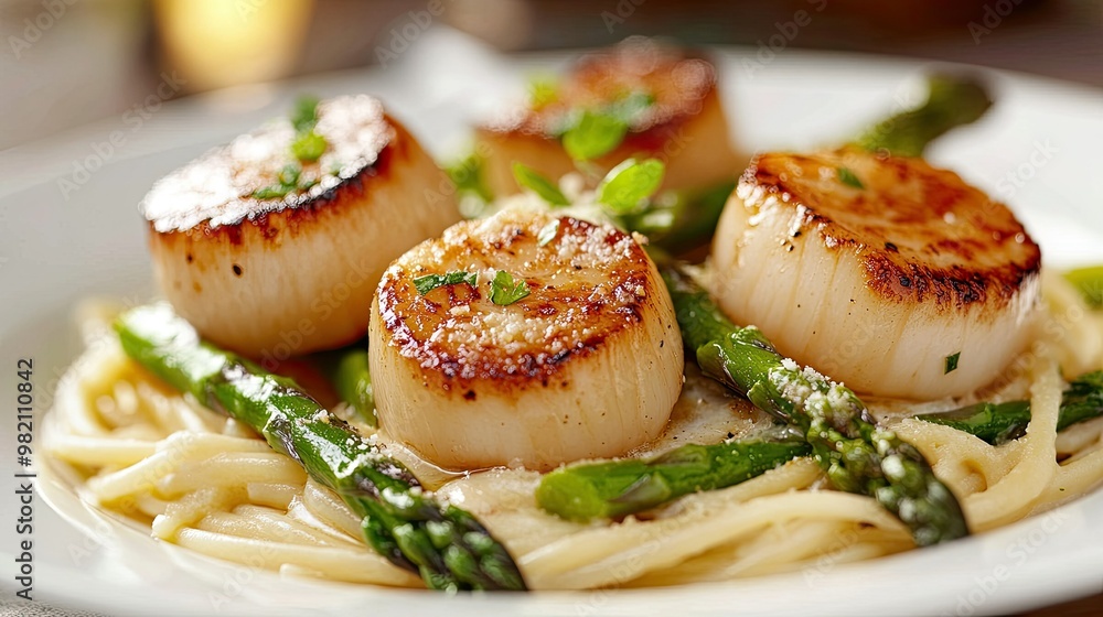 Creamy pasta with tender scallops and asparagus, served on a white plate. The vibrant green asparagus and golden scallops create a stunning contrast in this seafood dish. Creamy pasta with tender scallops and asparagus, served on a white plate. The vibrant green asparagus and golden scallops create a stunning contrast in this seafood dish.