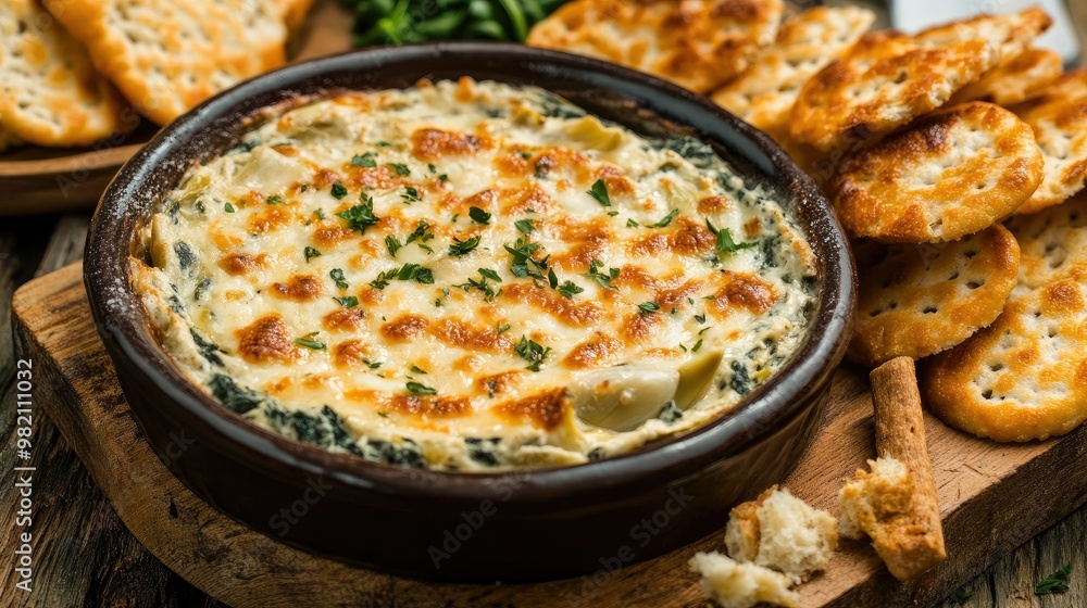 Creamy spinach artichoke dip served with crunchy crackers and toasted bread on the side. A delicious and cheesy appetizer, perfect for sharing. Creamy spinach artichoke dip served with crunchy crackers and toasted bread on the side. A delicious and cheesy appetizer, perfect for sharing.