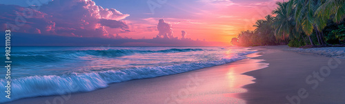 Tropical Sunset Paradise:  A tranquil beach with gentle waves lapping on the shore under a vibrant, pink sunset. The sky is a canvas of soft colors, and the silhouette of palm trees against the horizo photo