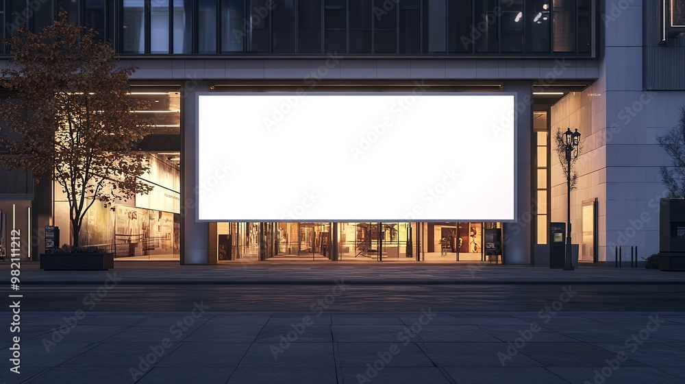 Mockup white screen, billboard rectangular outdoor, In front of the entrance to the mall, evening Mockup white screen, billboard rectangular outdoor, In front of the entrance to the mall, evening