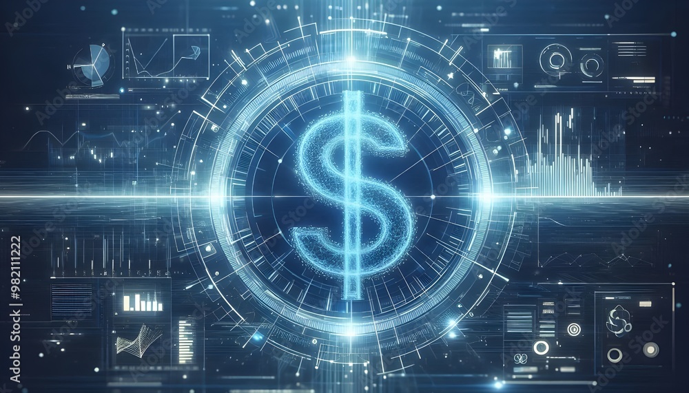 Digital hologram of a dollar sign with blue lines and data points on a white background. Concept of virtual financial transactions. 3D Rendering Digital hologram of a dollar sign with blue lines and data points on a white background. Concept of virtual financial transactions. 3D Rendering